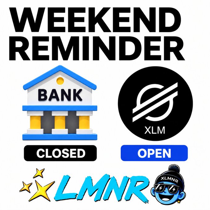 An infographic titled 'WEEKEND REMINDER' showing a bank building marked 'CLOSED' next to a Stellar (XLM) logo marked 'OPEN', with 'XLMNR' branding and a character logo below.