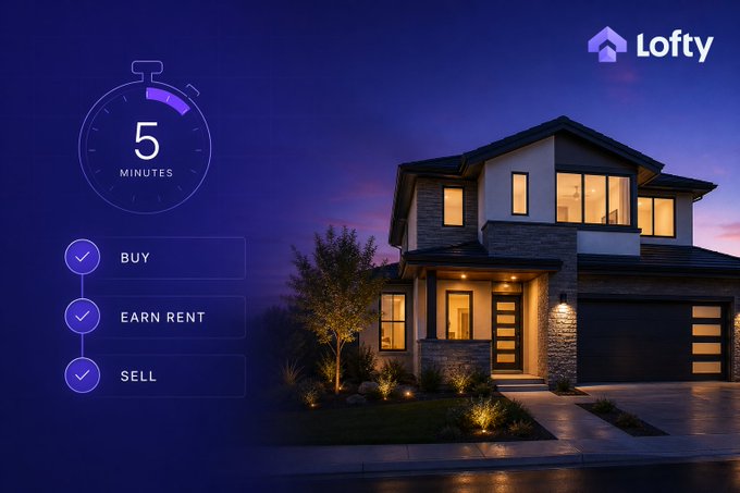 A Lofty real estate platform advertisement featuring a modern house at dusk, a 5-minute stopwatch graphic, and options to 'BUY', 'EARN RENT', and 'SELL'.