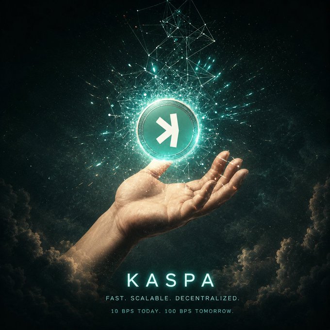 Kaspa cryptocurrency promotional image showing a hand holding a glowing Kaspa coin with the text 'FAST. SCALABLE. DECENTRALIZED. 10 BPS TODAY. 100 BPS TOMORROW.'