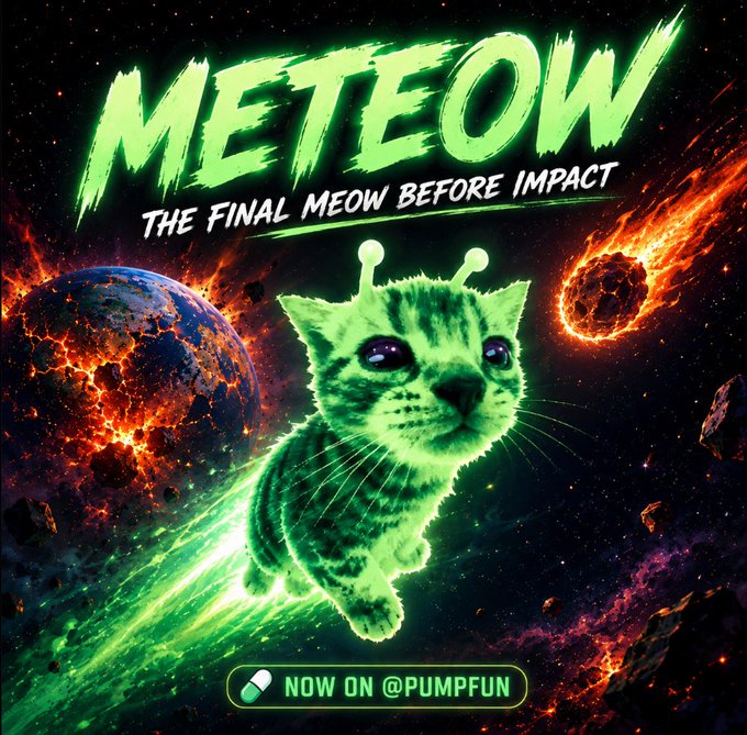 A promotional graphic for a meme coin featuring a green glowing kitten flying through space with meteors in the background, titled 'METEOW - THE FINAL MEOW BEFORE IMPACT' with a 'NOW ON @PUMPFUN' button.