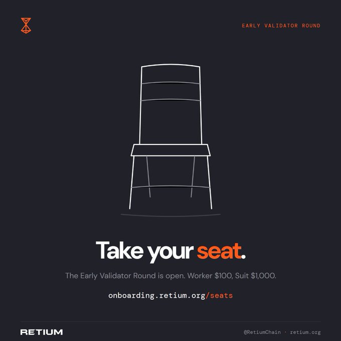 A Retiumn advertisement promotes its 'Early Validator Round' with the headline 'Take your seat,' featuring a line-drawn chair and pricing of Worker $100 / Suit $1,000.