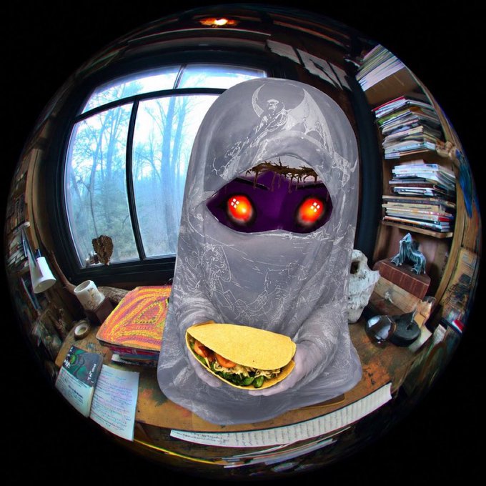 A surreal, fisheye-lens image shows a hooded figure with glowing red eyes holding a taco, standing in a room with a window and stacks of books.