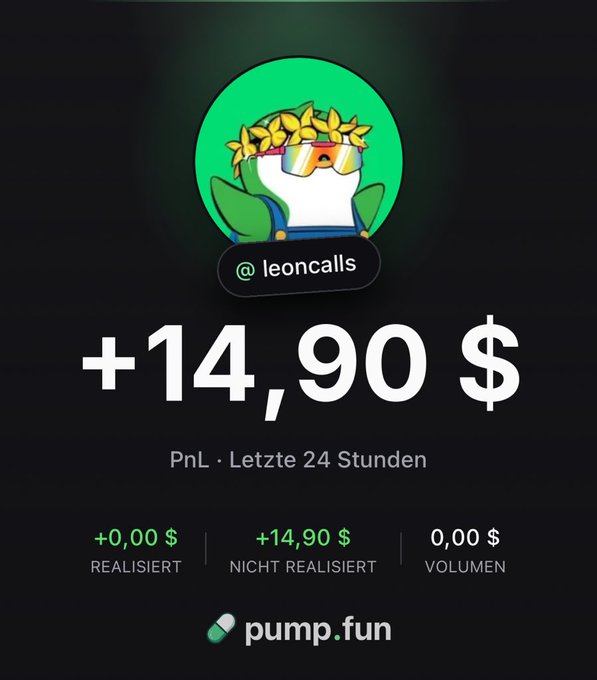 A pump.fun profile for '@leoncalls' shows a frog avatar with a daisy-chain crown, displaying a PnL of '+14,90 $' for the last 24 hours ('Letzte 24 Stunden').