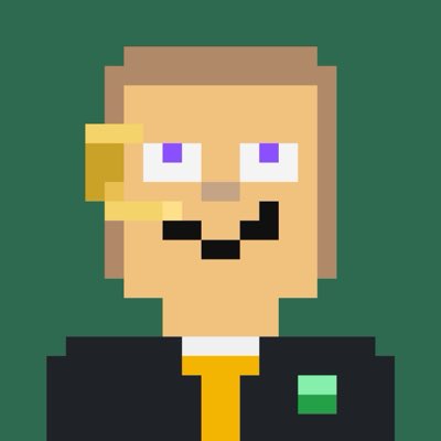 Pixel art character portrait of a smiling blonde-haired figure wearing a black suit with a yellow tie, set against a green background.