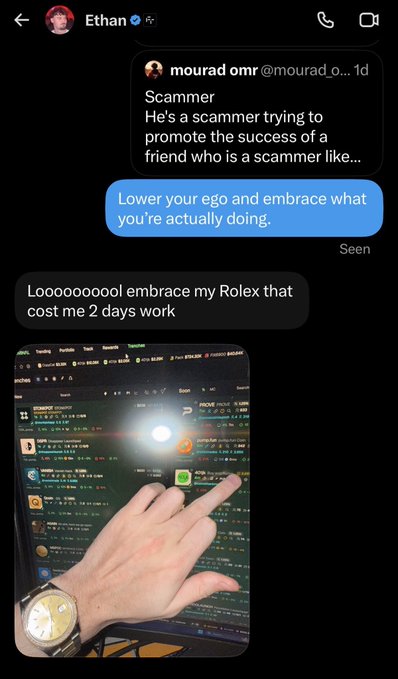A Twitter DM screenshot showing user "Ethan" (@mourad_o...) replying to a tweet calling someone a "Scammer" promoting another scammer, with Ethan's response "Lower your ego and embrace what you're actually doing" followed by a reply boasting about a Rolex, alongside a photo of a hand wearing a gold watch pointing at a crypto trading screen. The accompanying post criticizes @0xEthan as a "piece of shit" and "douchelord" whom the poster trolled on the pumpfun mobile app before being blocked.