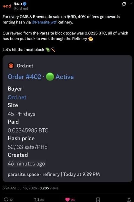 A screenshot of a tweet from @ord_net announcing that 40% of fees from OMB and Bravocado sales on ORD go toward renting hash via @Parasite_wtf's Refinery, showing a 0.0235 BTC reward from today's Parasite block reinvested through the platform, alongside details of Ord.net's active Order #402 purchasing 45 PH/days of hash at 52,133 sats/PHd.