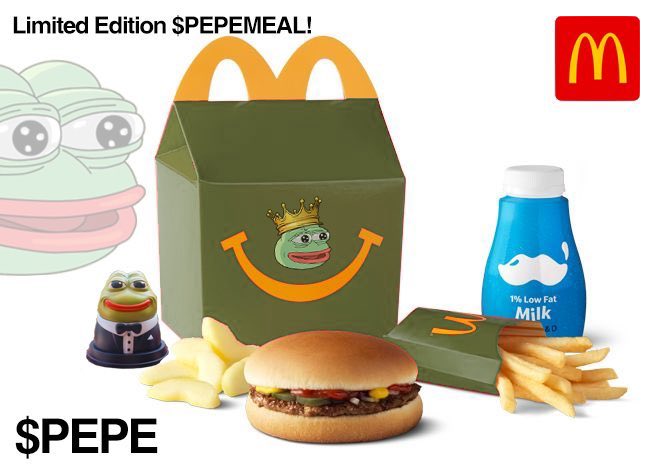 A promotional image for a 'Limited Edition $PEPEMEAL' at McDonald's, featuring a Happy Meal box decorated with a crowned Pepe the Frog, alongside a burger, fries, and milk.