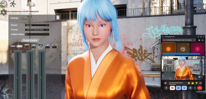The image shows a 3D-rendered anime-style character with blue hair and an orange kimono in a virtual streaming setup, featuring a Google Meet interface on the right side and a "Stream Ninja" control panel on the left displaying settings like "Device: WebCam" and "Format: 1080X1920." This relates to the post by @LunaPrime showcasing co-creation with the @gkoi0x team, demonstrating NFT-based streaming capabilities with their Azuki-style avatar.