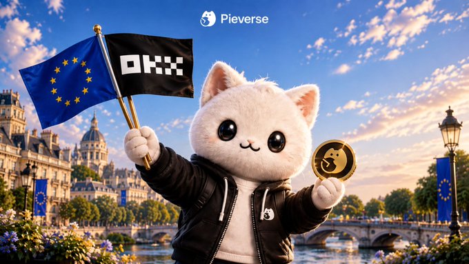 A cute white cat mascot wearing a black hoodie stands in front of a European cityscape, holding both an EU flag and an OKX flag with a gold coin, while the "Pieverse" logo appears at the top—visually representing the expansion of $PIEVERSE on OKX X-Perps across select European markets.