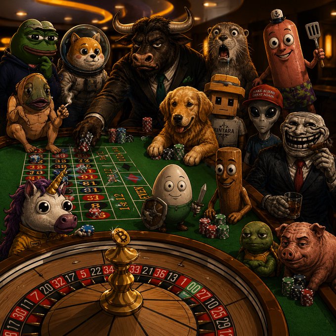 A whimsical illustration of various meme characters—including Pepe, Doge, Shiba Inu, Bull, alien, Wojak, and a unicorn—gathered around a roulette table and gambling table with poker chips, dice, and cards.