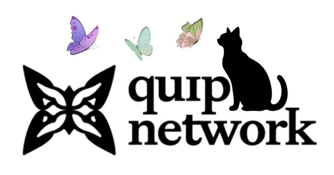 A logo for 'quip network' featuring a black geometric butterfly design, a black silhouette of a sitting cat, and three colorful illustrated butterflies.