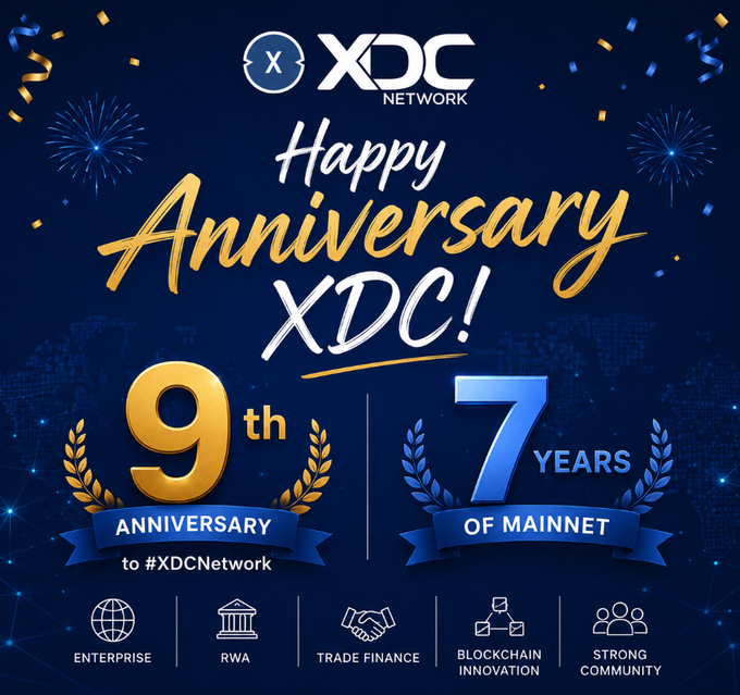 The image features a blue banner with gold text that reads "Happy Anniversary XDC Network! 9th anniversary to @XDCNetwork and 7 years of Mainnet!". The banner also includes a photo of a globe, which is related to the XDC network's global reach. The background of the banner has confetti falling from it, adding a festive touch to the celebration.