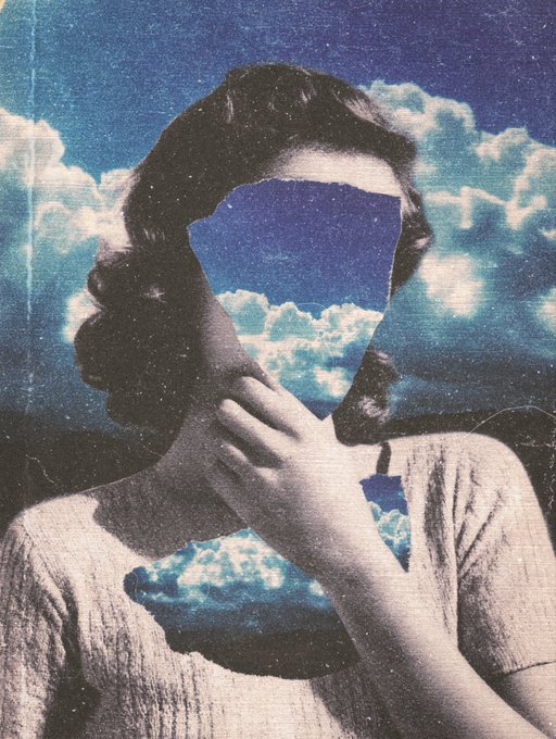 A surreal collage-style artwork showing a vintage photograph of a woman in a knit top whose face and torso have been cut out, revealing a background of blue sky and white clouds through the openings.