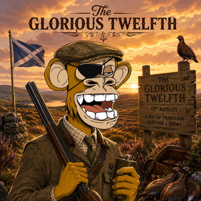 A cartoon-style poster titled 'The Glorious Twelfth' depicting an anthropomorphic monkey character dressed in traditional Scottish hunting attire with a shotgun and flask, celebrating August 12th as a day of tradition, heritage, and sport.
