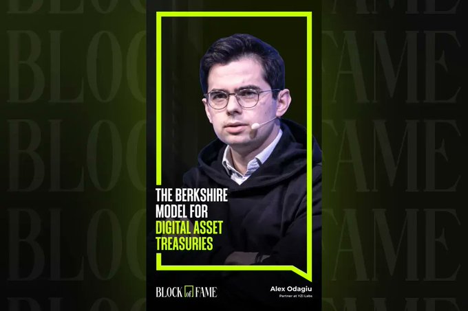 The image features a man with glasses wearing a dark hoodie, with overlay text reading "THE BERKSHIRE MODEL FOR DIGITAL ASSET TREASURIES" and "Alex Odnoliu, Partner at V22 Labs," branded with the BlockFame logo—visually introducing his op-ed about the evolution of digital asset treasuries (DATs) from a Soros-style approach toward a Buffett/Berkshire model.
