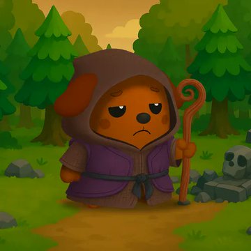 A cartoon dog character dressed in a purple hooded robe holds a wooden staff and looks sad in a forest setting near a skull.