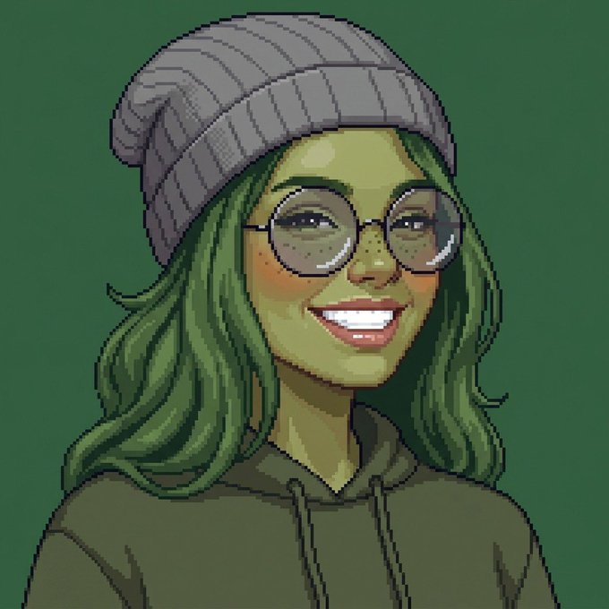 A cartoon illustration of a smiling young woman with green hair wearing a gray beanie, round glasses, and a green hoodie against a matching green background.