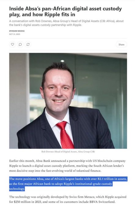 A news article titled "Inside Absa's pan-African digital asset custody play, and how Ripple fits in" features Rob Downes, Absa Group's Head of Digital Assets, alongside a photo of him in a suit and red tie. The highlighted text notes that Absa, holding over R2.1 trillion in assets, is the first major African bank to adopt Ripple's institutional-grade custody technology, aligning with the post's announcement of this landmark crypto custody partnership.