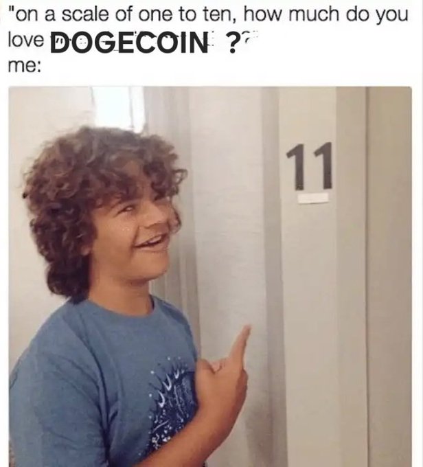 A meme showing a smiling boy pointing to a number '11' on a wall, captioned 'on a scale of one to ten, how much do you love DOGECOIN ??' with 'me:' below.