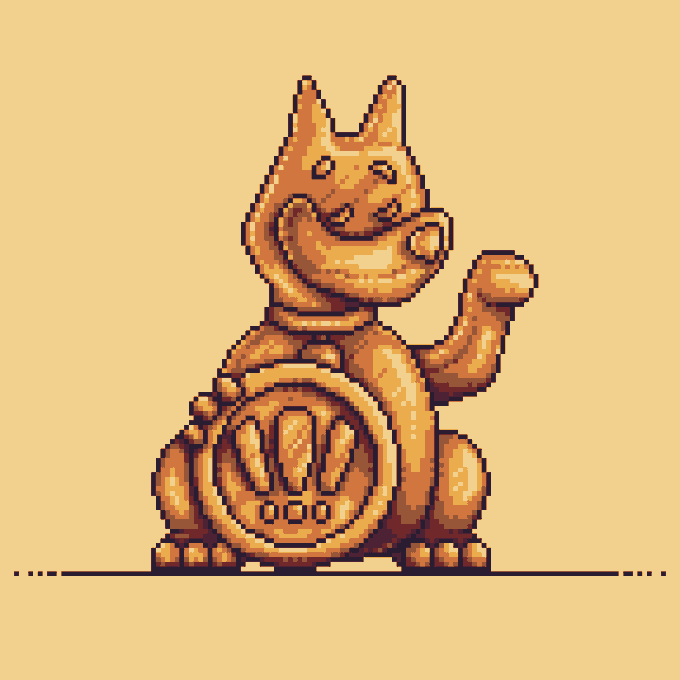 A pixel art illustration depicts a smiling orange cat waving its paw, sitting behind a large coin embossed with a paw print, set against a pale yellow background.