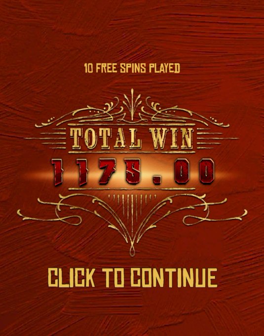 A slot game bonus round results screen displays "10 FREE SPINS PLAYED" with a "TOTAL WIN" of "1175.00" against an ornate red and gold background, with a "CLICK TO CONTINUE" prompt below—showcasing a successful bonus hit from a $1 bet as referenced in the caption.