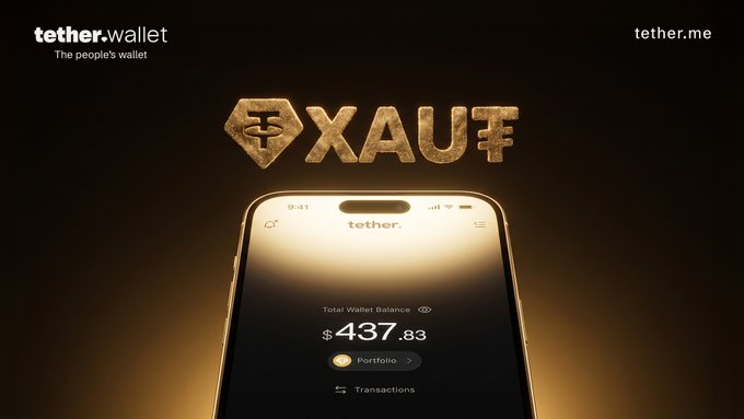 A sleek gold-toned advertisement showcases the Tether Wallet app on a smartphone displaying a $437.83 balance with a "Portfolio" tab, beneath the prominent XAU₮ ticker and Tether logo against a dark background. The image visually reinforces the post's message about making gold ownership as simple as opening an app, highlighting the tokenized gold product accessible through Tether's "people's wallet."