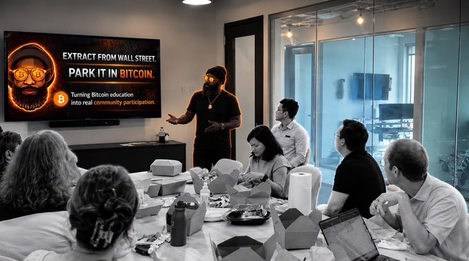 The image shows a man in a black beanie, sunglasses, and gold chain presenting to a small group gathered around a table with takeout food and laptops, while a large screen behind him displays the Bitcoin logo and the message "EXTRACT FROM WALL STREET. PARK IT IN BITCOIN. Turning Bitcoin education into real community participation"—visually reinforcing the post's theme of @Hoodsatoshi's grassroots approach to putting Bitcoin directly into the community's hands rather than just discussing or teaching it abstractly.