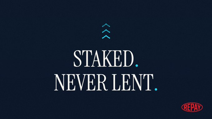 A dark blue graphic with white text reading 'STAKED. NEVER LENT.' and a 'REPAY' logo in the corner.