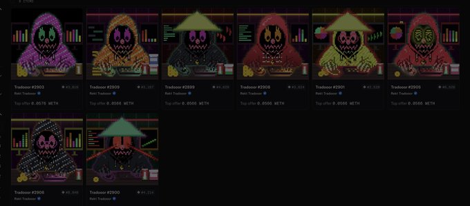 Screenshot of an NFT marketplace displaying pixel-art portraits of hooded figures labeled 'Tezbocer' with various numbers and ETH prices (0.0576 METH).
