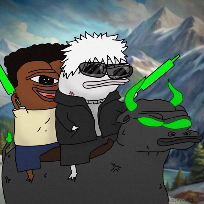 A cartoon drawing shows two characters riding a dark creature with glowing green horns, set against a mountain landscape background.