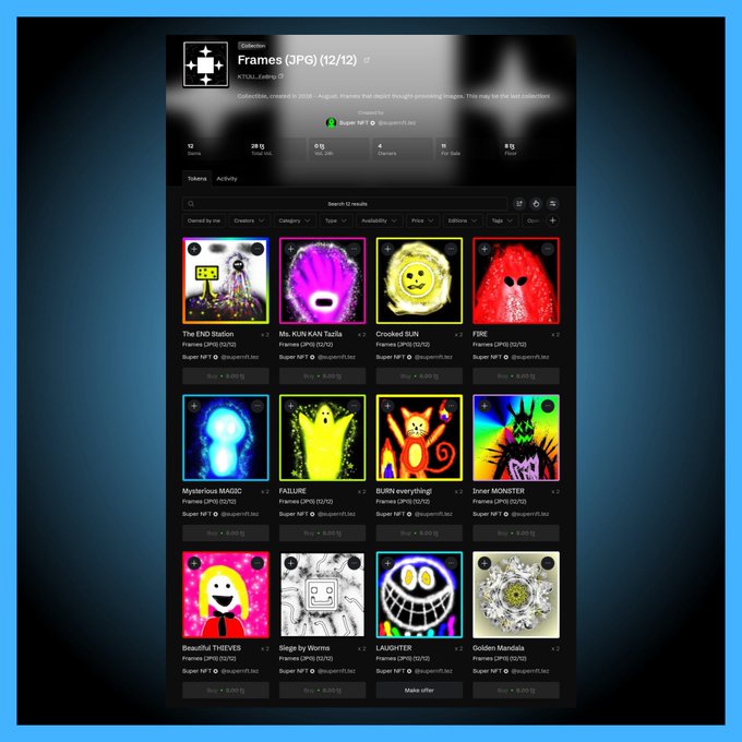 A digital marketplace interface displaying a collection of 'Frames (JPG)' NFT artwork with spooky and surreal designs including 'The END Station', 'Ms. KUN KAN', and 'Crooked SUN'.