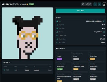 A screenshot of a webpage showing a CryptoPunk NFT (#8563) with a pixelated character featuring glasses and a skull-like face, along with details like price, rarity score, and attributes.