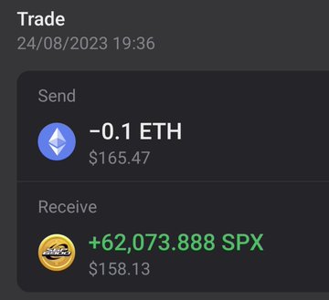 A digital cryptocurrency transaction record dated '24/08/2023 19:36' shows a trade labeled 'Send' of '-0.1 ETH' ($165.47) and a 'Receive' amount of '+62,073.888 SPX' ($158.13).