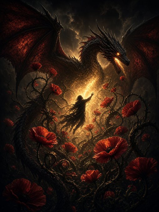 A dark fantasy digital artwork depicting a fierce black dragon with glowing red eyes surrounding a small floating figure amidst large red flowers and golden light.