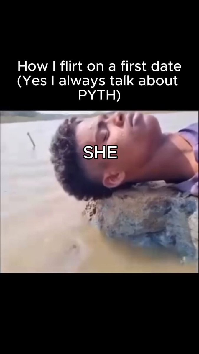 The image shows a man's head with his neck sticking out of water, as if he has been submerged or thrown into the water by some force. The caption below the image reads "How I flirt on a first date (Yes, always talk about PYTHH)". This suggests that the person who posted this image is interested in discussing flirting and relationships with someone named Pythagoras.