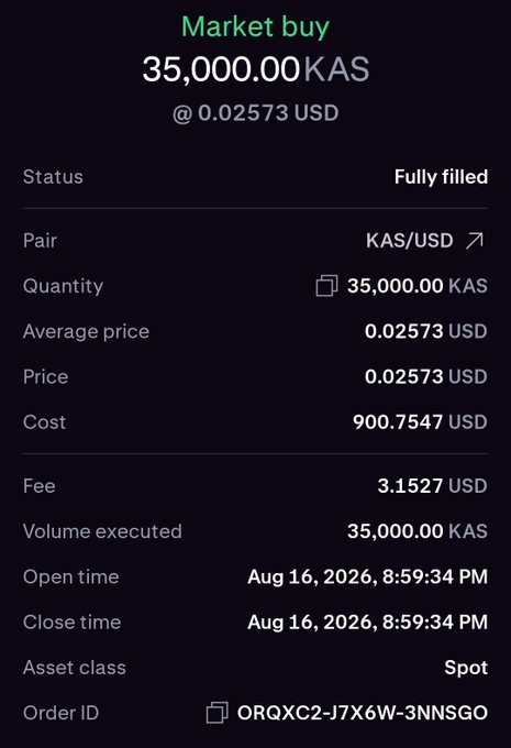 A cryptocurrency exchange trade confirmation showing a fully filled market buy of 35,000.00 KAS at 0.02573 USD, totaling 900.7547 USD with a 3.1527 USD fee.