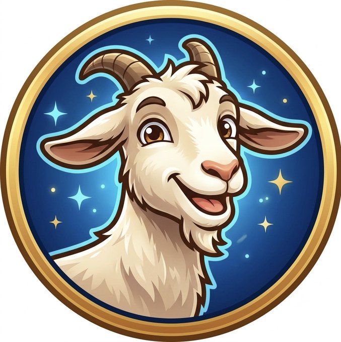 A circular badge or emblem featuring a cartoon illustration of a smiling white goat with brown horns on a blue starry background, bordered in gold.