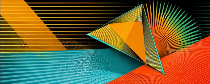 An abstract geometric digital artwork featuring a 3D orange and teal pyramid with radiating lines set against a backdrop of yellow, blue, and orange striped patterns.