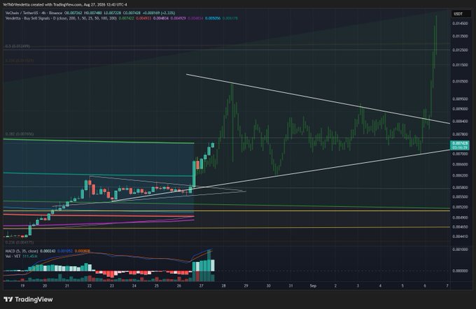 A TradingView candlestick chart of VeChain (VET/USD) on Binance, showing price action with technical indicators including a MACD and a notable green price spike on the right edge.