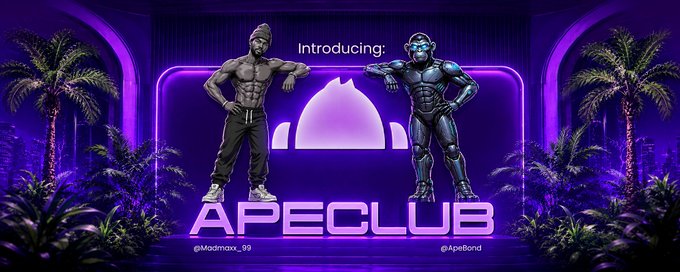 Promotional graphic for 'APECLUB' featuring two muscular male characters (@Madmax_09 and @Apelord) standing on either side of a helmet logo in a neon purple tropical setting.