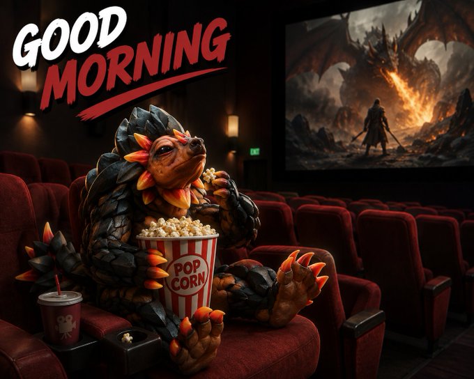 A digital artwork shows a Godzilla-like monster eating popcorn from a 'POP CORN' bucket in a movie theater, with 'GOOD MORNING' written in the upper left corner.