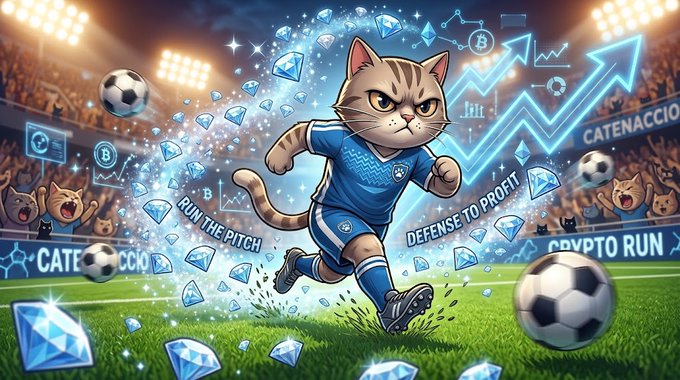 An illustrated cat in a blue soccer uniform kicks a ball across a field scattered with diamonds and Bitcoin symbols, with text reading 'RUN THE PITCH,' 'DEFENSE TO PROFIT,' and 'CRYPTO RUN.'