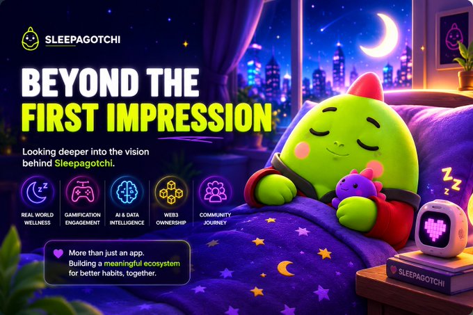 A promotional banner for 'Sleepagotchi' titled 'BEYOND THE FIRST IMPRESSION,' featuring a green sleeping mascot in bed, with feature icons for real-world wellness, gamification, AI & data intelligence, Web3 ownership, and community journey.