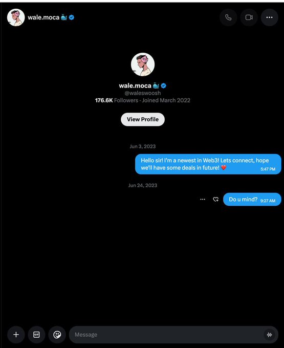 A screenshot of a Twitter/X DM conversation with @waleswoosh (176.6K followers), showing two messages dated June 3, 2023 ("Hello sir! I'm a newest in Web3! Lets connect, hope we'll have some deals in future! ❤️") and June 24, 2023 ("Do u mind?"), capturing the user's early outreach before their relationship grew over time.