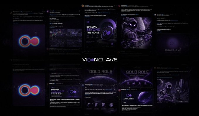 A promotional collage for 'Moonclave' featuring various dark-themed graphic designs, posts, and text including 'BUILDING BEYOND THE NOISE' and 'GOLD ROLE' with space and character illustrations.