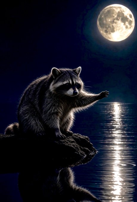 A raccoon stands on a rock at night, reaching a paw toward a full moon reflecting on the water.