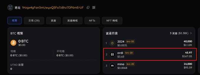 A cryptocurrency wallet overview in Chinese showing a BTC address with holdings and assets, highlighting an 'ordi' brc-20 token valued at $107.05 with 45.97 units.