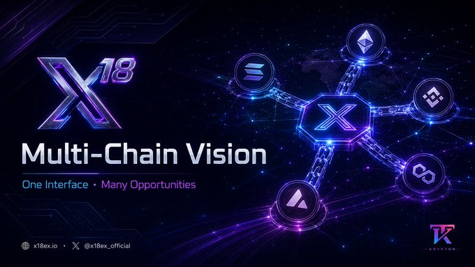 The image is a promotional banner for X18 featuring the text "Multi-Chain Vision" with the tagline "One Interface · Many Opportunities," alongside logos of connected blockchains (Solana, Ethereum, BNB, Avalanche) and a central X18 hub. It visually illustrates the X18EX multi-chain plan highlighted in the post, showcasing how the project unifies access across BNB Chain, Arbitrum, Base, opBNB, and other networks under one interface.