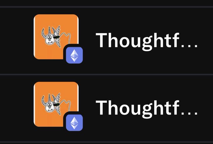 Two identical messages from the crypto bot Thoughtf... featuring a Frankenstein-like mascot logo alongside the Ethereum symbol.