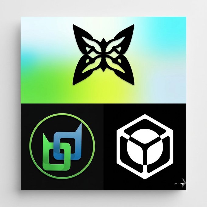 A graphic displaying three cryptocurrency logos: a black butterfly-like symbol on a green-to-blue gradient background, and two hexagonal logos (one green and blue, one white) on a black background.
